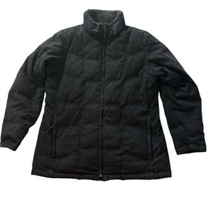 L.L. Bean Black Suede Goose Down Vntg Womens Quilted Jacket Sherpa Collar L Reg